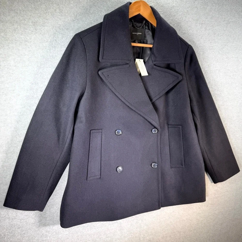 Banana Republic Pea Coat Mens Large Navy Blue Wool Blend Double Breasted Classic
